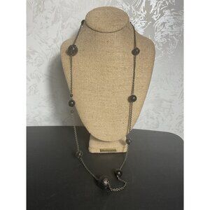 Long Black Beaded Necklace With Metal Mesh Balls And Chain